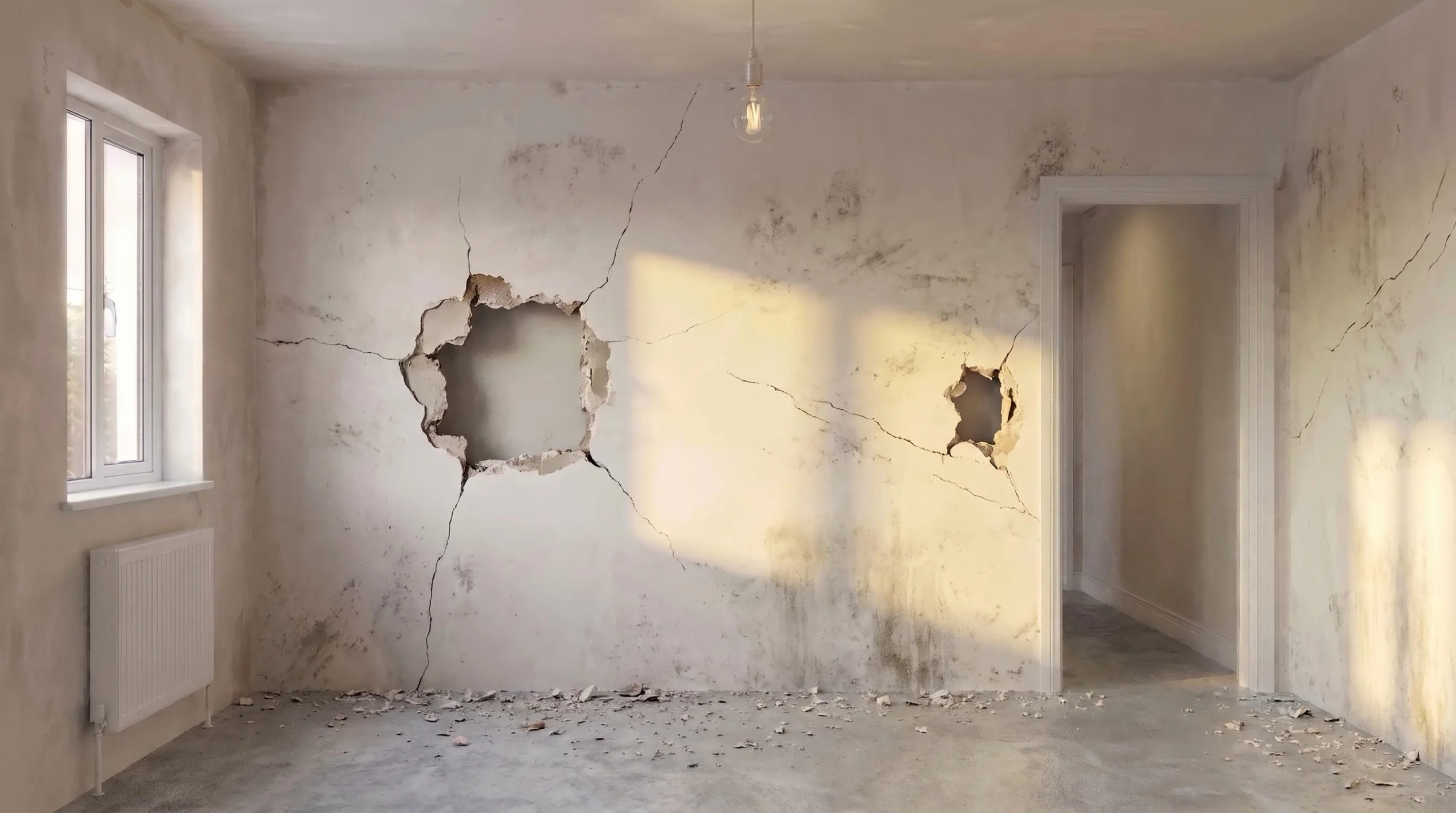 A damaged living room that gets renovated step by step as you scroll